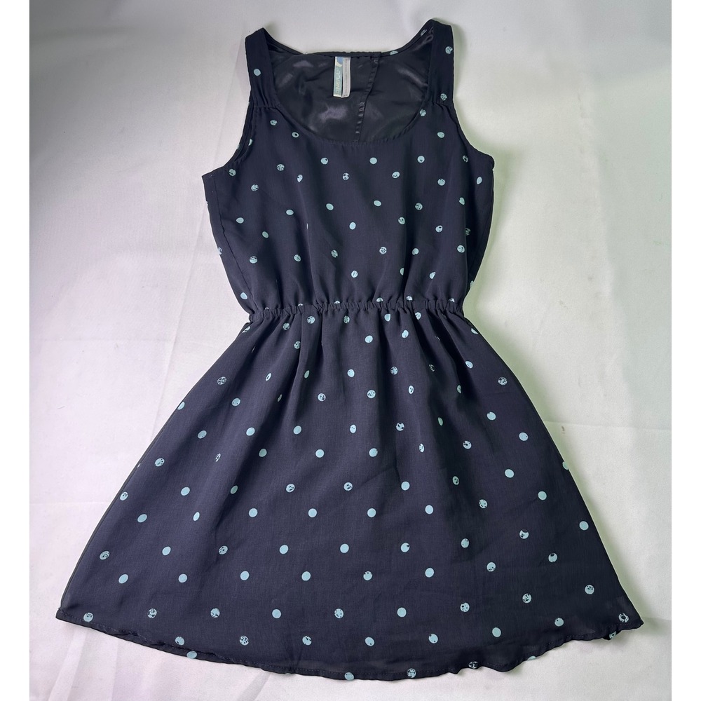 O'Neill‎ Dress XS Black Teal Polka Dot Sleeveless Fit Flare Back Cutout Summer